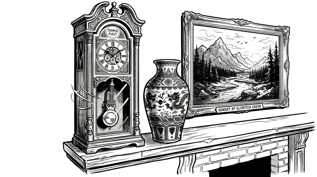 Grandfather clock with 'Tempus Fugit' label, blue porcelain vase, and framed sunset landscape painting titled 'Sunset at Eldritch Creek'