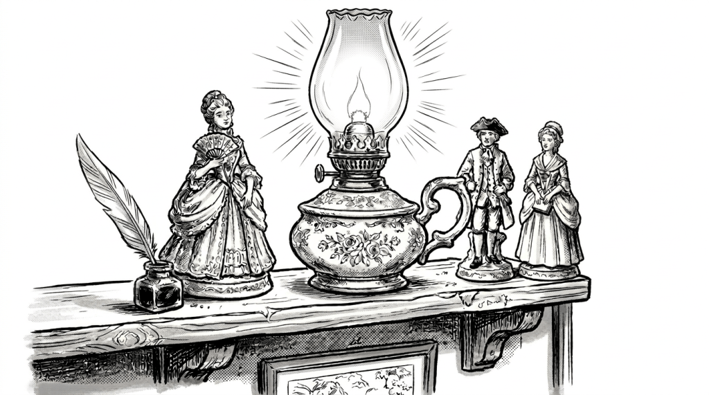 Shelf in a curiosity shop with antique figurines, an oil lamp, and books about mysteries and folklore