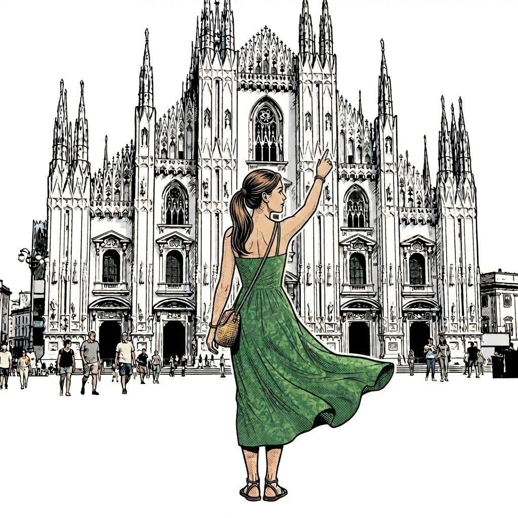 Woman in white dress with camera standing in front of Milan Cathedral