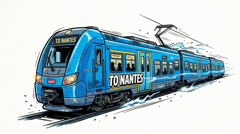 Blue electric passenger train labeled 'TO NANTES' moving on railway tracks with silhouettes of passengers visible through windows