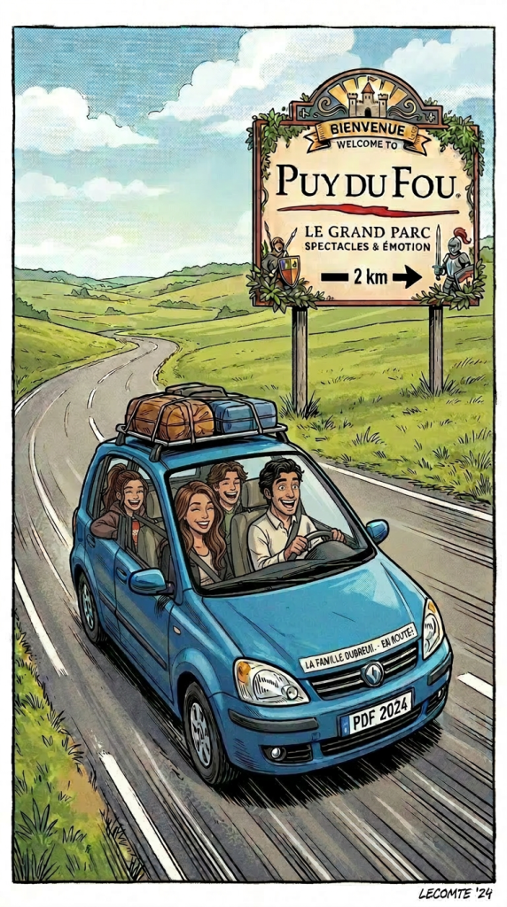 Car with happy family driving toward Puy du Fou park sign 2 km away