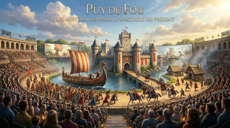 Medieval-themed live show with Viking ship, knights, burning castle, and audience